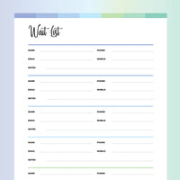 Printable Waiting List Template - Ocean Color Scheme