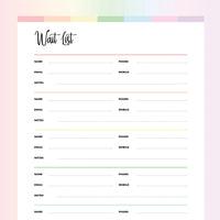 Printable Waiting List Template - Rainbow Color Scheme