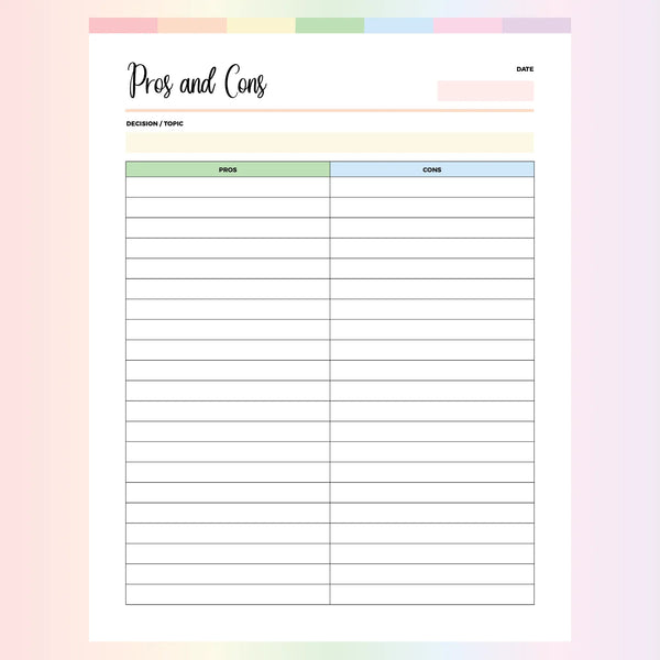 Pros and Cons PDF A4 & US Letter Sizes Instant Download Printable