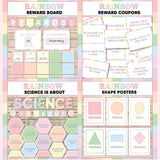 Pastel rainbow printable reward and incentive board, reward coupons, science is about subject poster and classroom shape posters