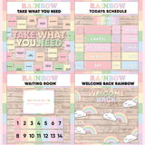 Pastel rainbow printable take what you need board, daily schedule cards, waiting room display and welcome back rainbow bulletin board