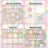 Pastel rainbow printable welcome superstars board, welcome to our class door display, word wall cards and writing is about subject poster