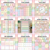 Pastel rainbow complete classroom decor digital download - printable affirmation station, calendar, clock labels, fractions, drawer labels, accents, alphabet posters and birthday display