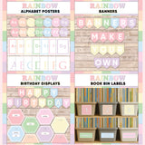 Pastel rainbow printable alphabet wall posters, make your own classroom banners, class birthday display and book bin labels