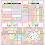 Pastel rainbow printable bulletin board borders, interactive class calendar, classroom jobs chart and analogue clock labels