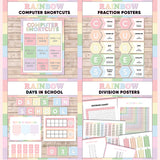 Pastel rainbow printable computer shortcut posters, CUBES maths strategy display, days in school counter and division table charts
