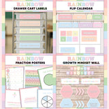 Pastel rainbow printable drawer cart labels, flip calendar, fraction posters and growth mindset bulletin board display