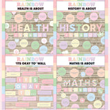 Pastel rainbow printable subject posters for health, history and maths with it's okay to classroom bulletin board