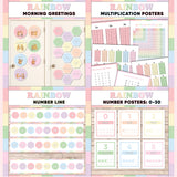 Pastel rainbow printable morning greeting door choices, multiplication chart and posters, classroom number line and number posters 0 to 30