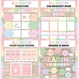 Pastel rainbow printable objectives bulletin board, our brightest work display, place value posters and reading is about subject poster