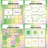 Fresh green and pink printable reward and incentive board, reward coupons, science is about subject poster and classroom shape posters