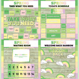 Fresh green and pink printable take what you need board, daily schedule cards, waiting room display and welcome back rainbow bulletin board