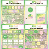 Fresh green and pink printable welcome superstars board, welcome to our class door display, word wall cards and writing is about subject poster