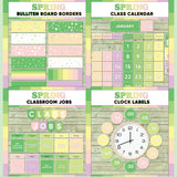 Fresh green and pink printable bulletin board borders, interactive class calendar, classroom jobs chart and analogue clock labels