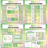 Fresh green and pink printable computer shortcut posters, CUBES maths strategy display, days in school counter and division table charts