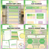 Fresh green and pink printable drawer cart labels, flip calendar, fraction posters and growth mindset bulletin board display