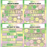 Fresh green and pink printable subject posters for health, history and maths with it's okay to classroom bulletin board