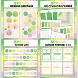 Fresh green and pink printable morning greeting door choices, multiplication chart and posters, classroom number line and number posters 0 to 30