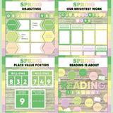 Fresh green and pink printable objectives bulletin board, our brightest work display, place value posters and reading is about subject poster