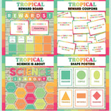 Teal and coral printable reward and incentive board, reward coupons, science is about subject poster and classroom shape posters