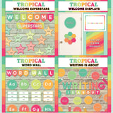 Teal and coral printable welcome superstars board, welcome to our class door display, word wall cards and writing is about subject poster