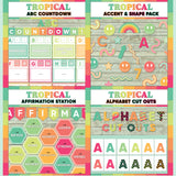 Teal and coral printable ABC countdown to summer, décor accent and shape pieces, affirmation station bulletin board and alphabet letter cut outs