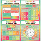 Teal and coral printable bulletin board borders, interactive class calendar, classroom jobs chart and analogue clock labels