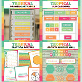 Teal and coral printable drawer cart labels, flip calendar, fraction posters and growth mindset bulletin board display