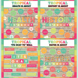 Teal and coral printable subject posters for health, history and maths with it's okay to classroom bulletin board