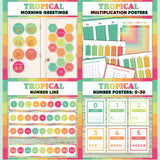 Teal and coral printable morning greeting door choices, multiplication chart and posters, classroom number line and number posters 0 to 30