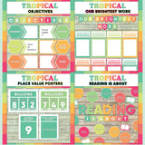 Teal and coral printable objectives bulletin board, our brightest work display, place value posters and reading is about subject poster