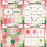 Bold pink and green printable reward and incentive board, reward coupons, science is about subject poster and classroom shape posters