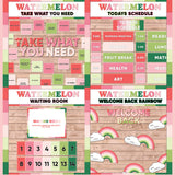 Bold pink and green printable take what you need board, daily schedule cards, waiting room display and welcome back rainbow bulletin board