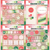Bold pink and green printable welcome superstars board, welcome to our class door display, word wall cards and writing is about subject poster