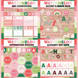 Bold pink and green printable ABC countdown to summer, décor accent and shape pieces, affirmation station bulletin board and alphabet letter cut outs