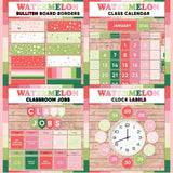Bold pink and green printable bulletin board borders, interactive class calendar, classroom jobs chart and analogue clock labels