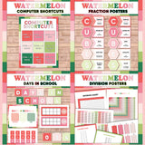 Bold pink and green printable computer shortcut posters, CUBES maths strategy display, days in school counter and division table charts