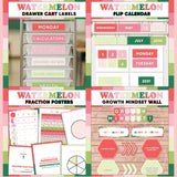 Bold pink and green printable drawer cart labels, flip calendar, fraction posters and growth mindset bulletin board display