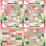 Bold pink and green printable subject posters for health, history and maths with it's okay to classroom bulletin board