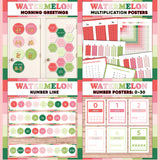 Bold pink and green printable morning greeting door choices, multiplication chart and posters, classroom number line and number posters 0 to 30