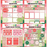 Bold pink and green printable objectives bulletin board, our brightest work display, place value posters and reading is about subject poster