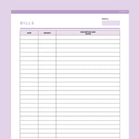 Bill Tracker Template Editable - Purple