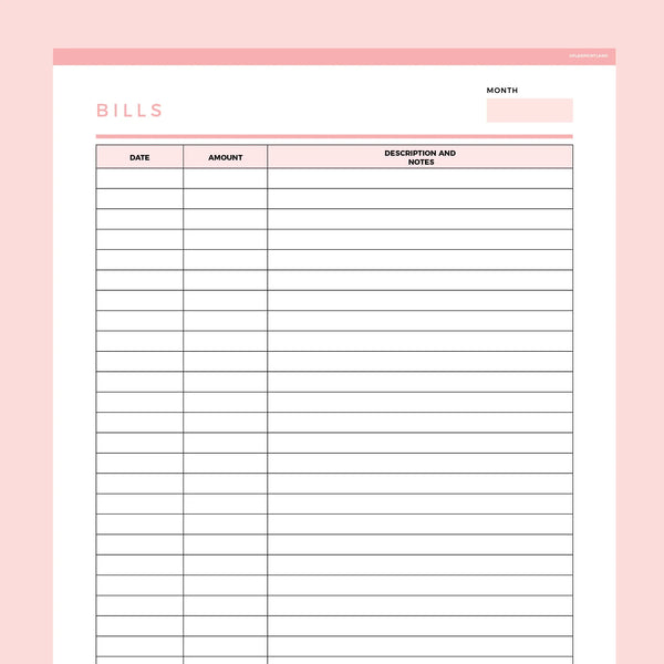 Colored Monthly Bill Organizer Template Template - Printable PDF