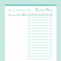 Bills To Pay Checklist Editable - Teal