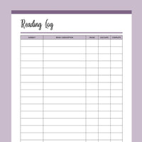 Book Reading Log Printable - Purple