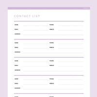 Contact List Template Editable - Lavendar