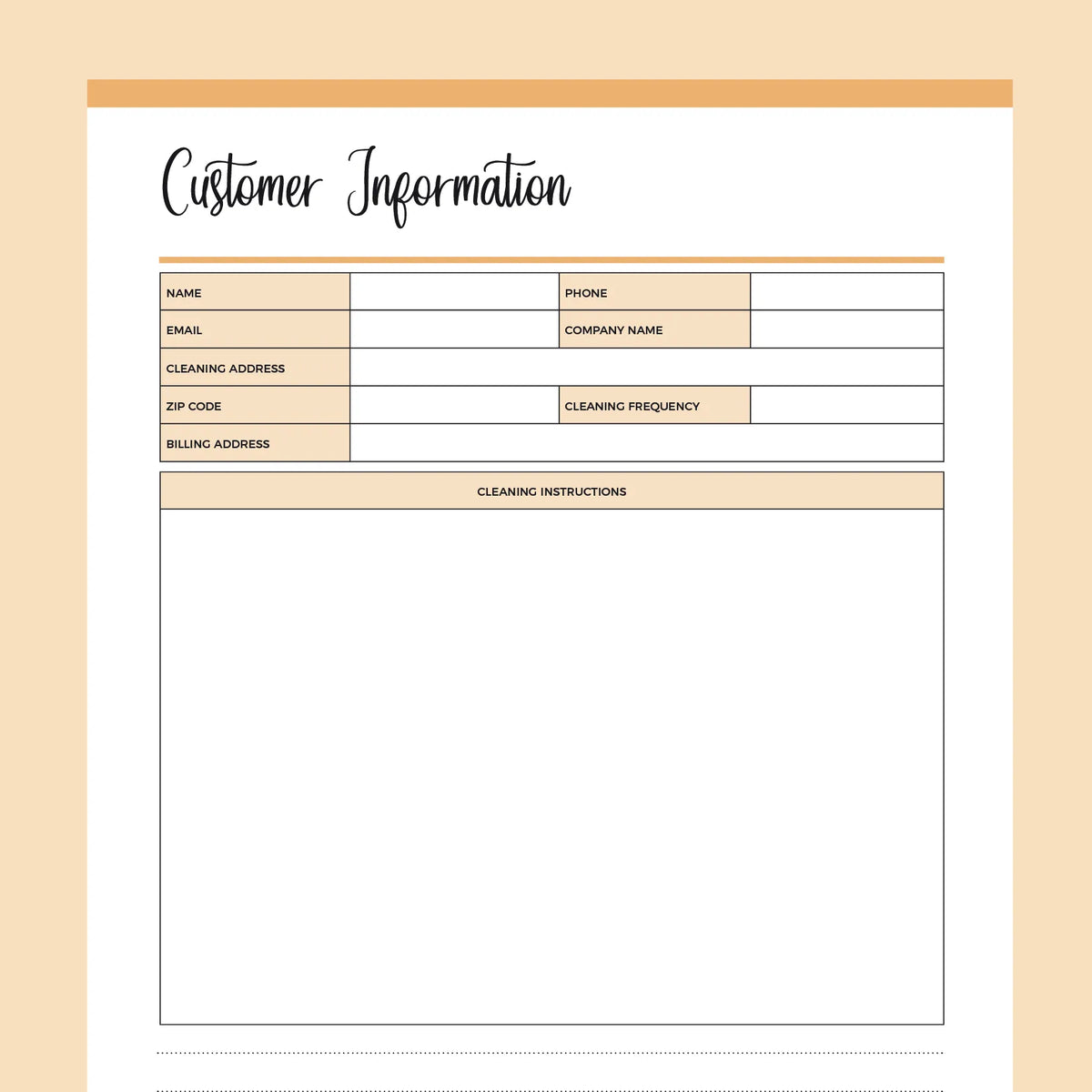 Customer Information Template For Cleaning Business Instant Download Customer information template for cleaning business instant download