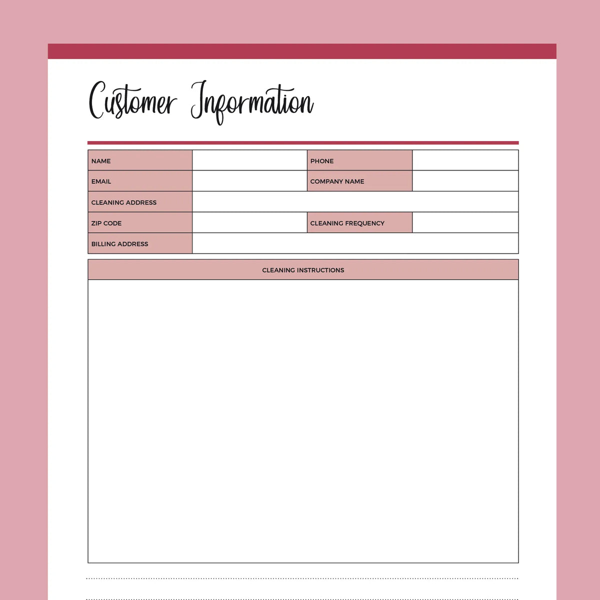 Customer Information Template For Cleaning Business Instant Download Customer information template for cleaning business instant download