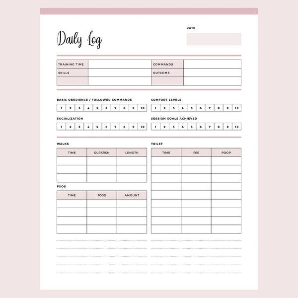 Daily Log For Dog Trainers Printable