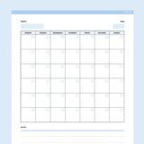 Editable Blank Monthly Calendar - Light Blue